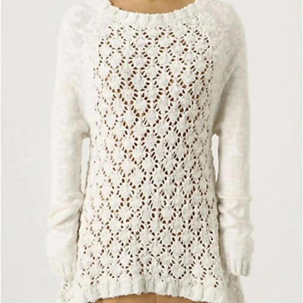 Anthropologie Moth Ensnared Ideas Pullover White crochet boho sweater Size S